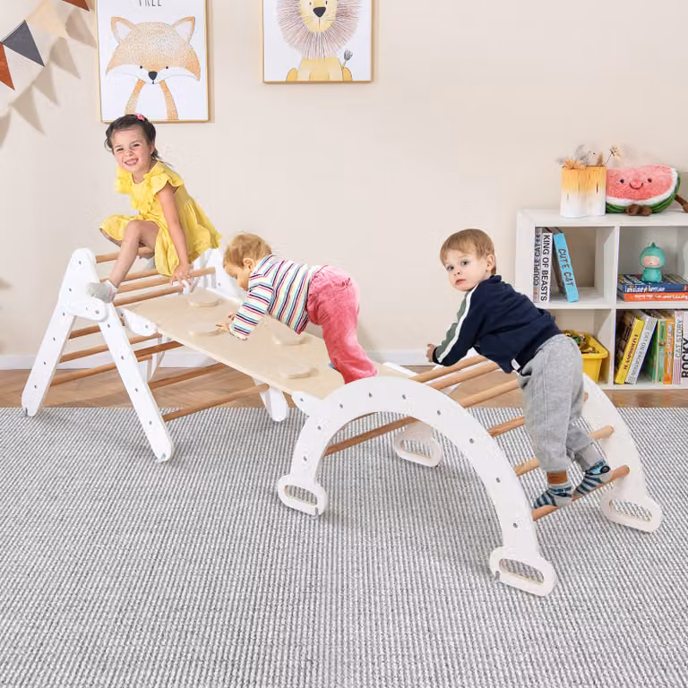 Set di 3 giocattoli da arrampicata modulari Costway in legno per bambini, colore bianco