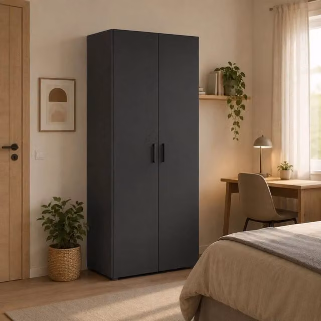 Armadio da camera da letto Malvito DMORA con 2 ante, ripiani e appendiabiti, Nero Antracite, L: 74 cm, H: 179 cm