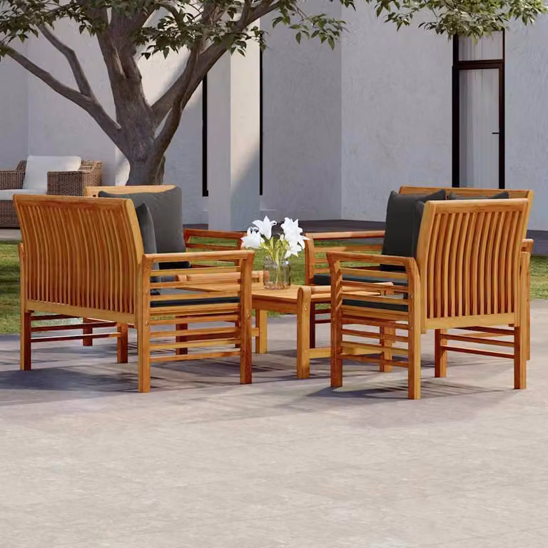 Set Salotto da Giardino vidaXL 5 pz in Legno di Acacia Oliato con Cuscini Marroni e Grigi