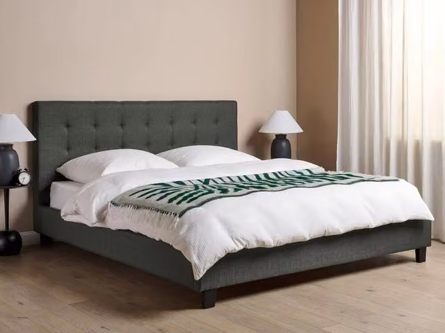 Letto imbottito Beliani Glamour in tessuto grigio con rete a doghe arcuate L/P/H: 218 x 180 x 108 cm