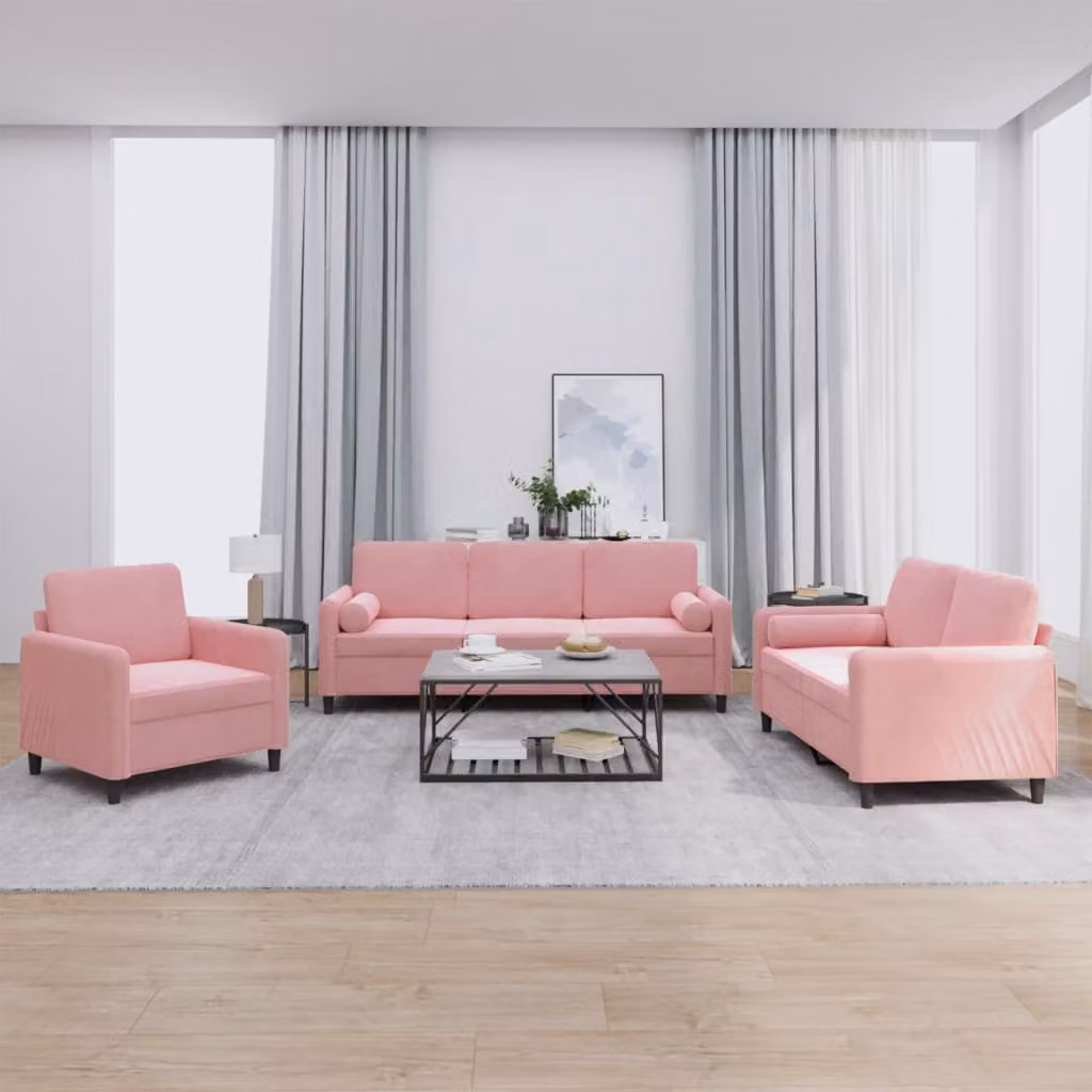 Set di divani 3 pezzi vidaXL in velluto rosa con cuscini per soggiorno moderno – 1
