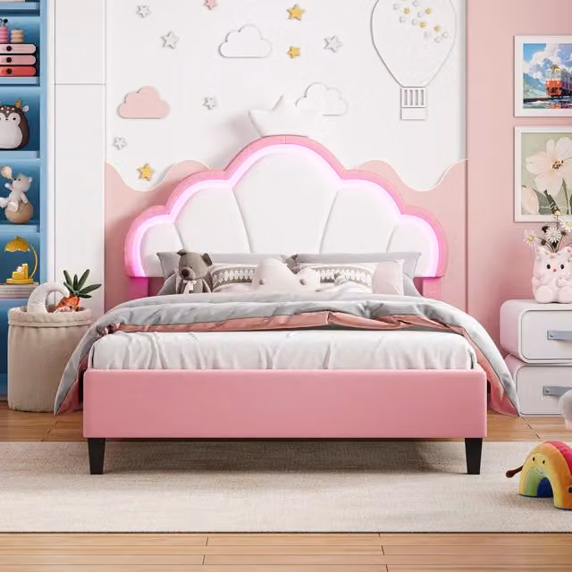 Letto 140x190 cm,letto per bambini con illuminazione a LED,letto da principessa letto per bambine con Testiera a Forma di Nuvola,senza materasso