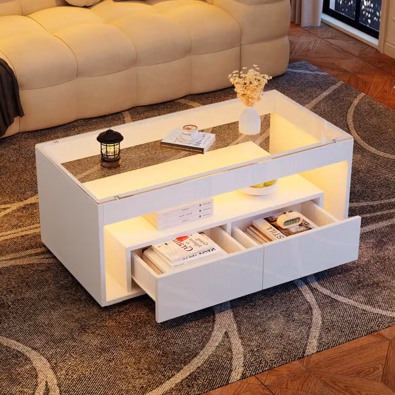 Tavolino, con illuminazione LED, forma rettangolare, 2 ampi cassetti, vetro, design a doppio strato, finitura lucida, dimensioni 100x50x40