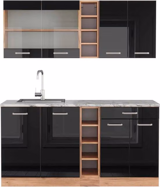 Cucina completa moderna Vicco R-Line con piano in marmo, finitura nero lucido e rovere dorato, L: 160 cm – 1
