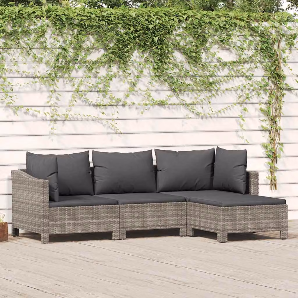 Set di divani da giardino vidaXL a forma di L in rattan grigio con cuscini e pouf, struttura in metallo e schienale imbottito