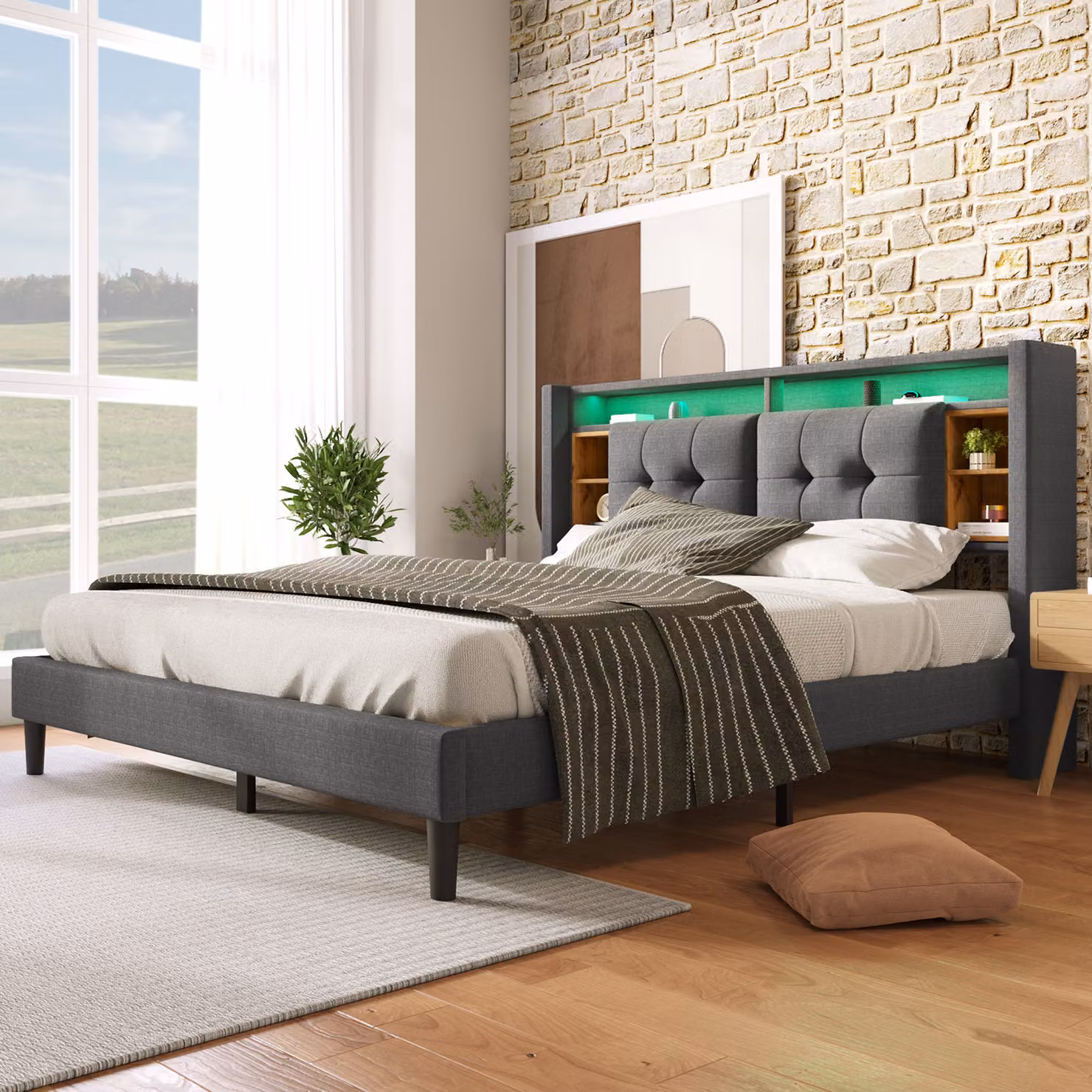 Letto imbottito Merax 160x200 cm letto matrimoniale con rete a doghe, illuminazione USB e LED, vani e prese di corrente, letto contenitore, letto funzionale in lino, grigio