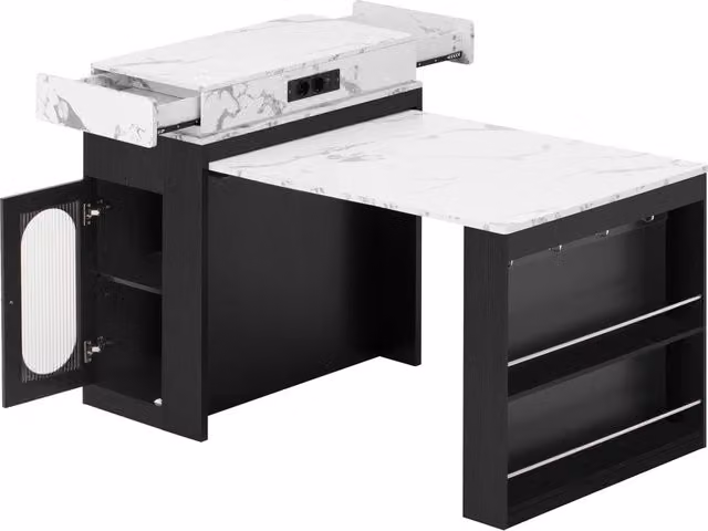 Tavolo da pranzo nero con piano allungabile e ruote, isola cucina multifunzionale con prese elettriche e ganci, 83×46~146,5×96 cm