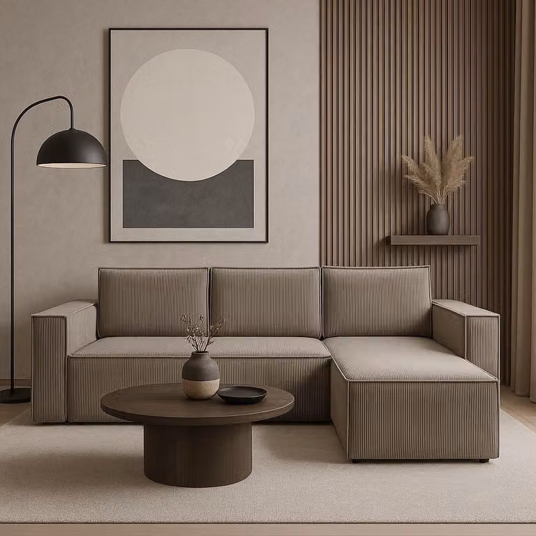 Divano angolare GUTTO CORDA BEIGE in tessuto a coste con funzione sleep - design moderno in colori di tendenza