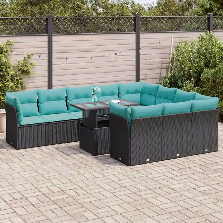 Set di divani da giardino vidaXL 11 pezzi in polyrattan e legno di acacia con cuscini, tavolino e struttura in metallo, colore nero e blu