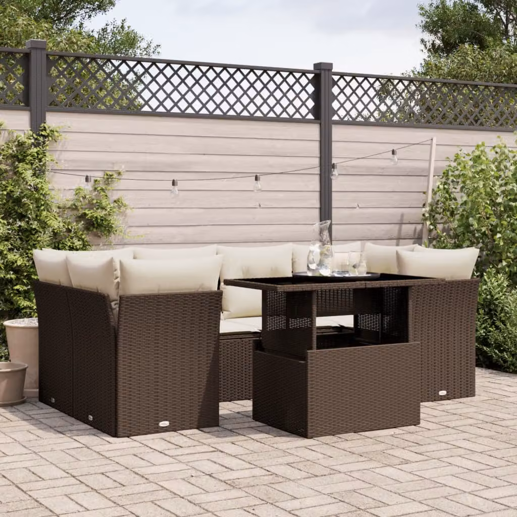 Set di Divani da Giardino vidaXL 7 pz a Forma a L con Cuscini Marrone e Bianco in Polyrattan e Acciaio – 1