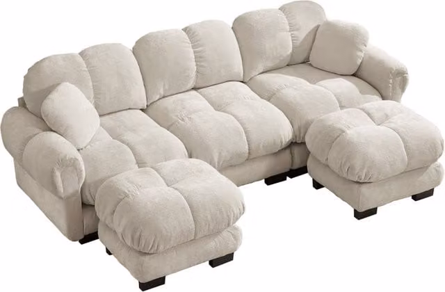 Divano a 3 posti a forma di U in chenille color kaki chiaro con pouf mobile e 2 cuscini decorativi