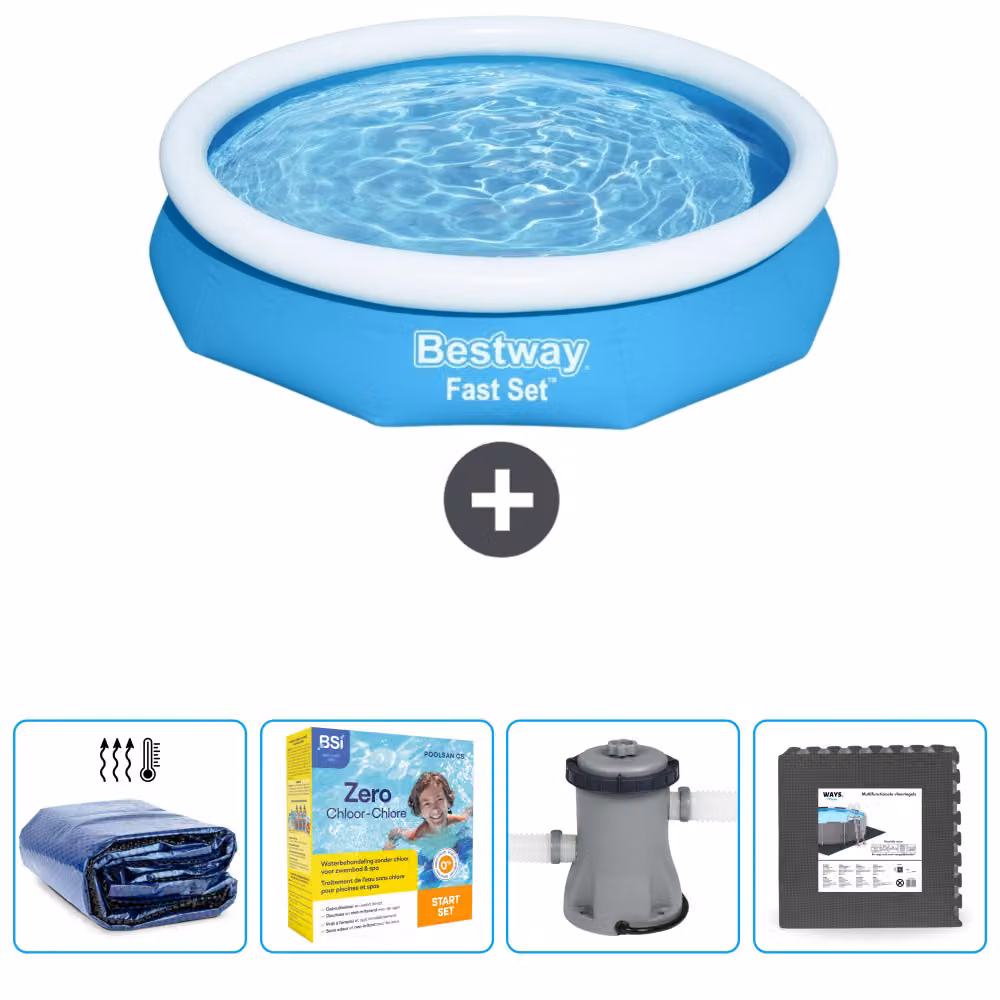 Piscina gonfiabile rotonda Bestway ad ambientazione rapida - 305 x 66 cm - blu - include tenda da sole - pacchetto manutenzione - pompa - pavimento in piastrelle