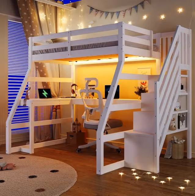 Letto a soppalco in legno 90x200 cm con scrivania; scala con contenitore e LED; bianco