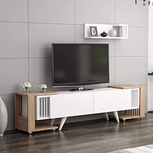 [en.casa] Set di Mobili da Soggiorno Composto di Mensola da Muro, Mobile Porta TV con Ante a Ribalta e 2 Tavolini Laterali - Rovere/Bianco