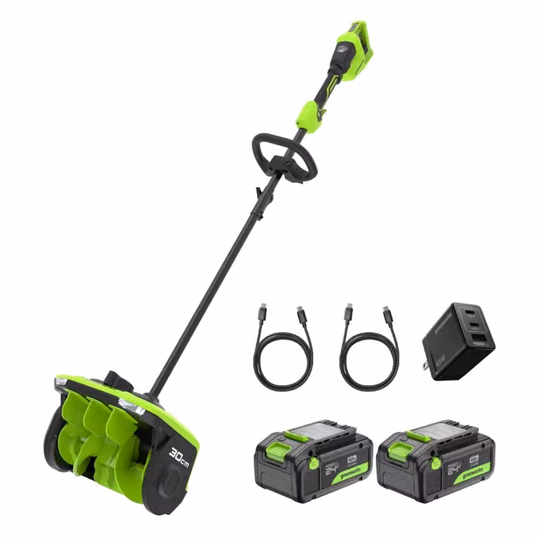 Spazzaneve Greenworks POWERALL 48V a stadio singolo colore verde con 2 batterie ricaricabili da 4Ah