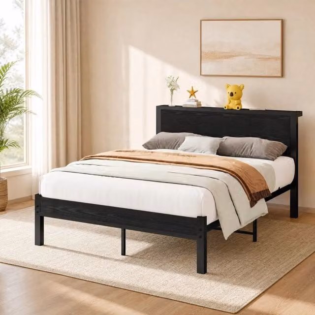 Letto singolo Mivray con testiera e pediera in MDF e metallo, 13 dogghe, nero e marrone rustico, L/P/H: 140 x 200 cm