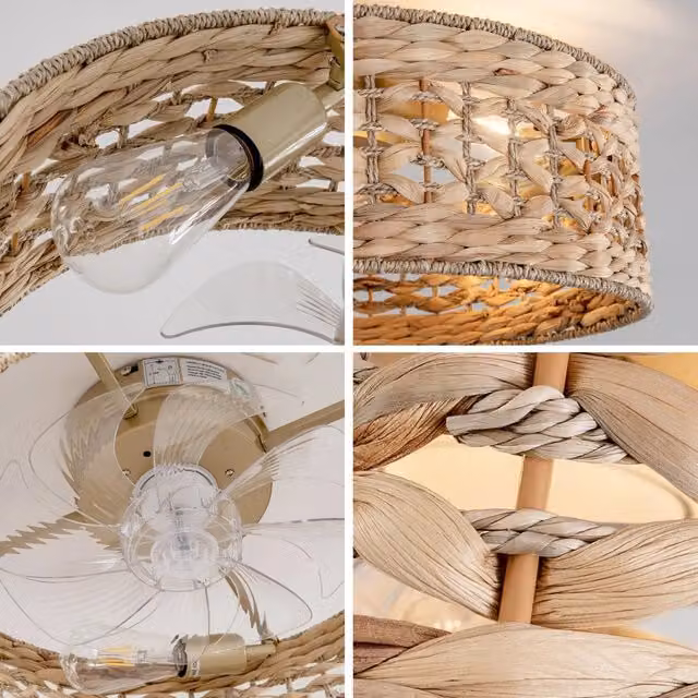 Ventilatore da soffitto Minimal con pale in ABS e griglia in rattan, controllo tramite app e telecomando, 6 velocità, colore beige e marrone