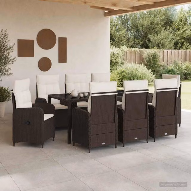 Set da pranzo per esterni vidaXL in rattan e vetro, 9 pezzi, Marrone e Bianco