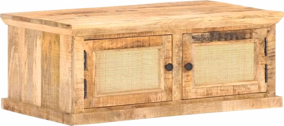 Tavolino The Living Store 90x50x35 cm in legno massiccio di mango e midollino naturale
