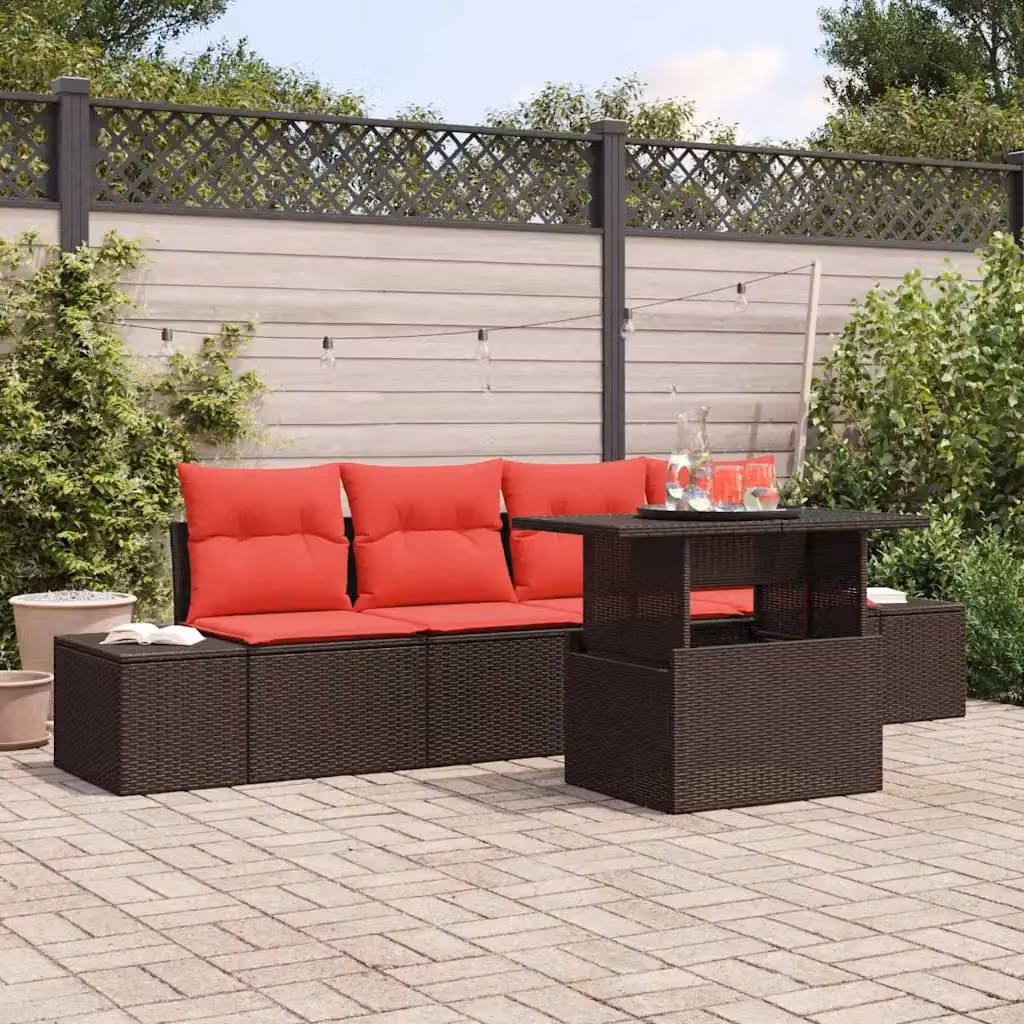 Set Divano da Giardino vidaXL 5 Pezzi con Tavolino, Struttura in Acciaio e Cuscini Imbottiti, Marrone e Rosso
