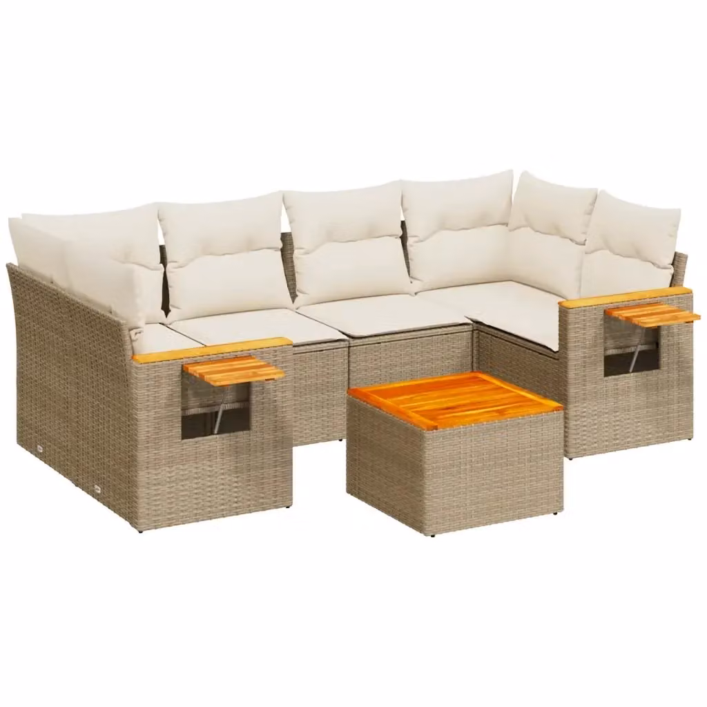 vidaXL Set Divani da Giardino 7 pz a Forma a L in Polyrattan con Cuscini Beige e Tavolino da Caffè – 2