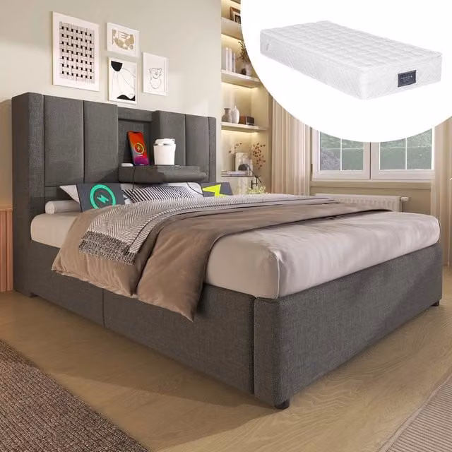 Letto Contenitore Singolo Imbottito con Rete a Doghe ¨C MINIMAL ¨C Grigio, 90x200