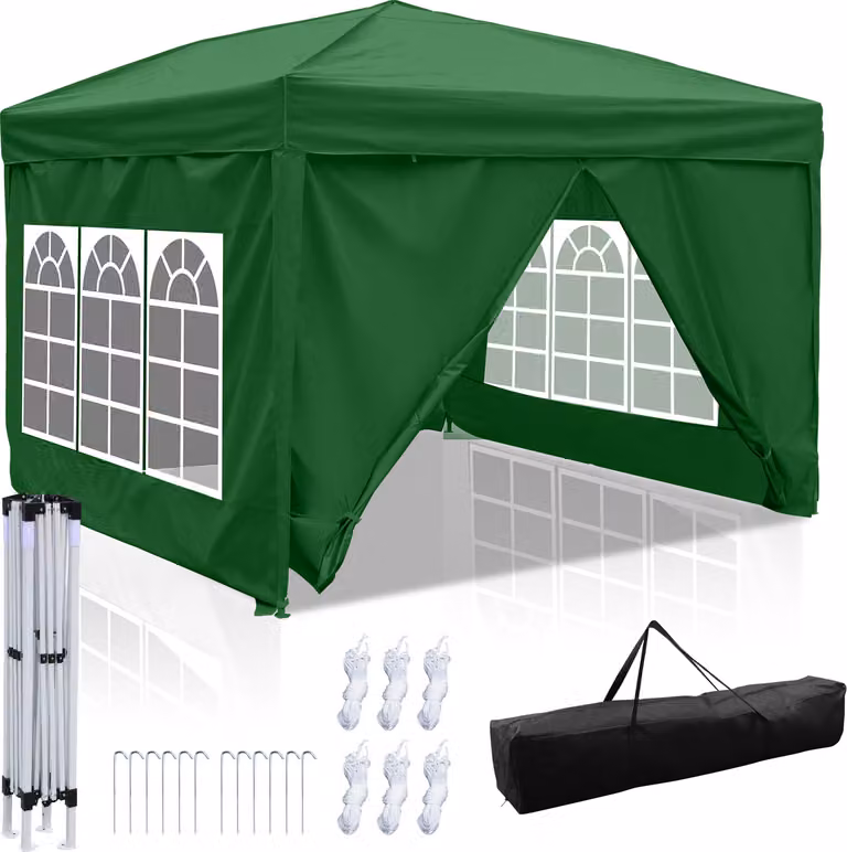 Gazebo pieghevole Izrielar 3x3 m impermeabile – Gazebo pieghevole con protezione UV 50+, tenda da giardino e tenda per feste con 4 lati, ideale per giardino, campeggio, matrimoni e spiaggia Verde