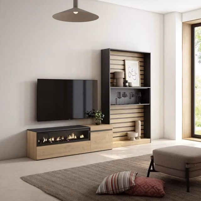 Mobile TV da soggiorno SKRAUT HOME con camino elettrico per TV fino a 65 pollici, colore Rovere e nero, L: 260 cm, P: 35 cm, H: 186 cm