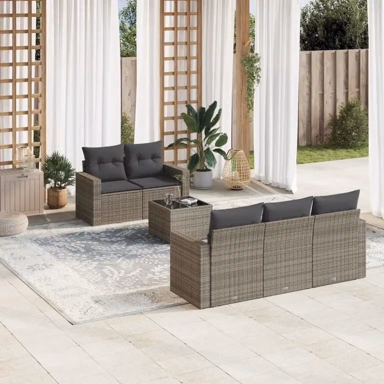 vidaXL Set Divano da Giardino a L in Polyrattan Grigio con 6 Cuscini e Tavolino da Esterno