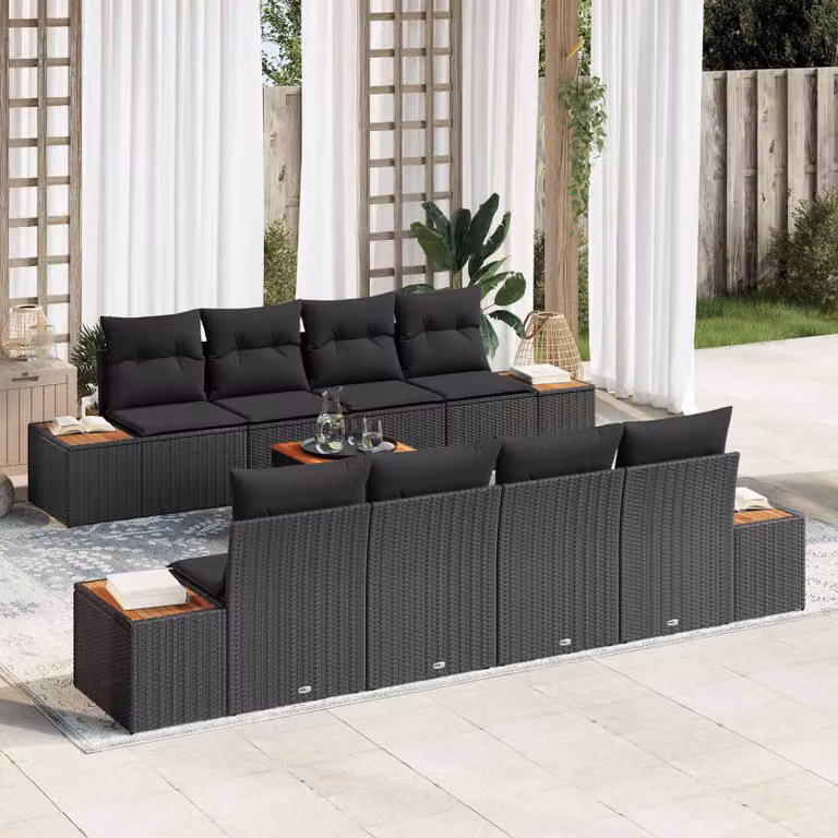 Set Divano da Giardino vidaXL in Rattan e Metallo Nero con Cuscini, 9 Pezzi