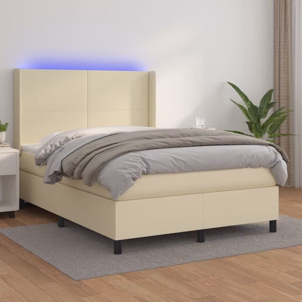 Maison Exclusive - Letto boxspring con materasso e illuminazione a LED color crema, 140x190 cm, in ecopelle