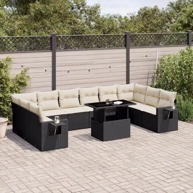 Set di Divani da Giardino a Forma di U vidaXL in Polyrattan Nero con Cuscini e Tavolino da Esterno 11 Pezzi