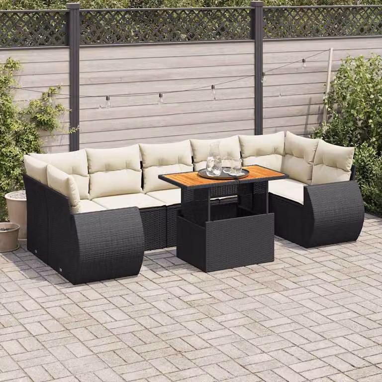 Set di divani da giardino vidaXL a forma di L in polyrattan nero con 8 pezzi, tavolo da caffè e cuscini inclusi