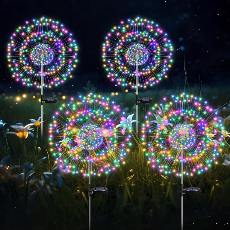 Lampade solari per esterni HELESIN, set di 4 pezzi, 2 modalità di illuminazione, decorazioni per il giardino, resistenti alle intemperie, 105 LED, luci solari a forma di fuoco d'artificio per il giardino, lampade solari per esterni, ideali per vialetti e