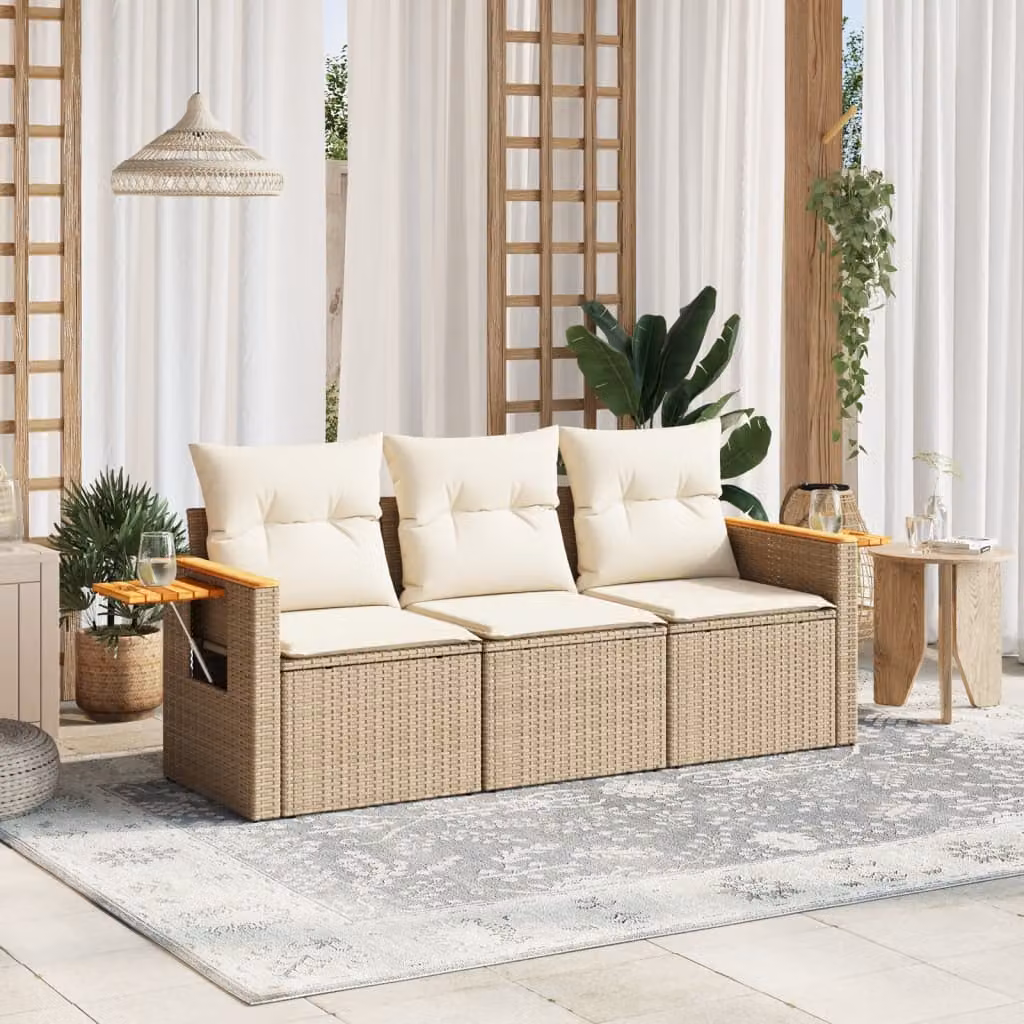 Set Divano da Giardino vidaXL 3 pz in Polyrattan con Cuscini Beige e Tavolino da Esterno – 1