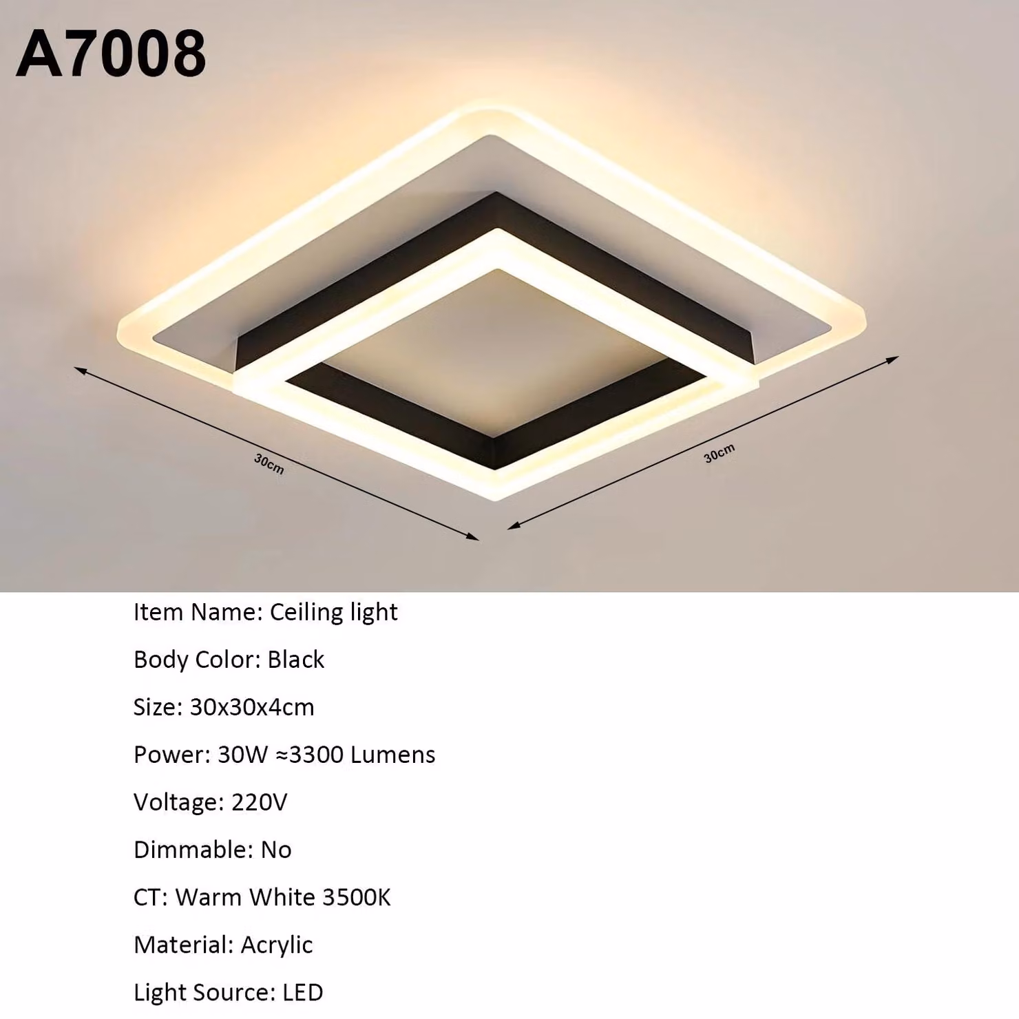 Lampada a soffitto quadrata moderna - Modello A7008 - LED - 30 W - 3000 K - Luce bianco caldo - Non dimmerabile - Montaggio a parete