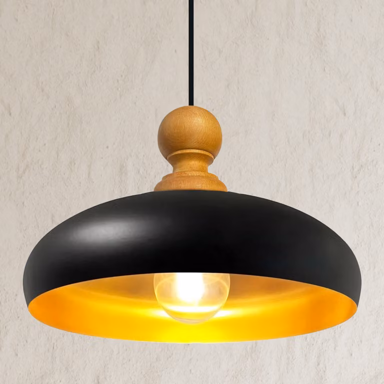 Androa Lampada a sospensione in legno 40 cm Lampada a 1 luce Lampada da sala da pranzo Industrial, plafoniera da interno in metallo Lampada industriale Vintage, lampada da cucina - Nero