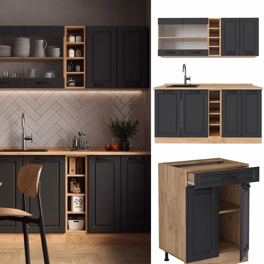 Cucina completa Vicco R-Line in stile rustico color antracite e rovere dorato, L: 160 cm – 2