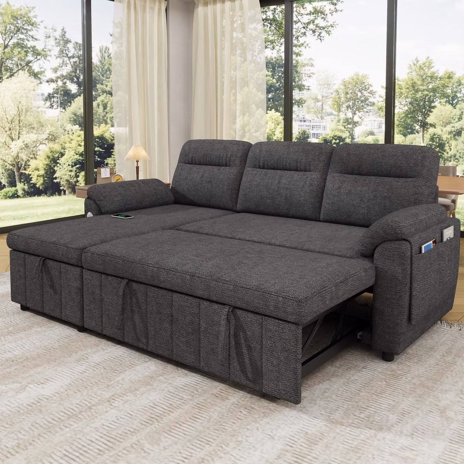 Divano a forma di L con meccanismo letto estraibile, divano angolare con porte USB e Type-C, divano letto con spazio contenitore, in velluto, colore grigio