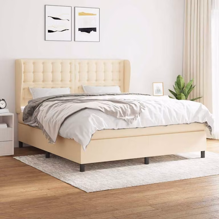 vidaXL Giroletto a Molle con Materasso Beige e Bianco in Tessuto L/P/H: 160 x 200 x 163 cm