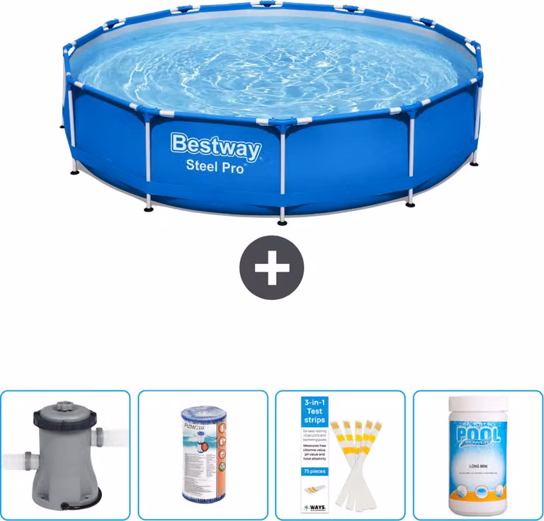 Piscina Bestway Round Steel Pro - 366 x 76 cm - blu - compresa pompa - filtro - strisce reattive - cloro