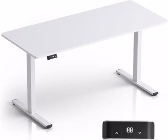 Scrivania da ufficio regolabile elettricamente 140x60 cm, altezza regolabile fino a 60 kg, motore 25 mm/s, piano di lavoro regolabile in altezza, bianco