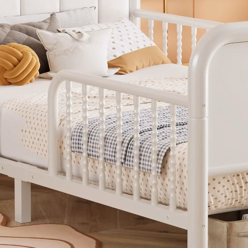 Letto per bambini moderno in metallo con testiera imbottita, vani portaoggetti laterali e illuminazione LED, Bianco, L: 90 cm, P: 200 cm – 2
