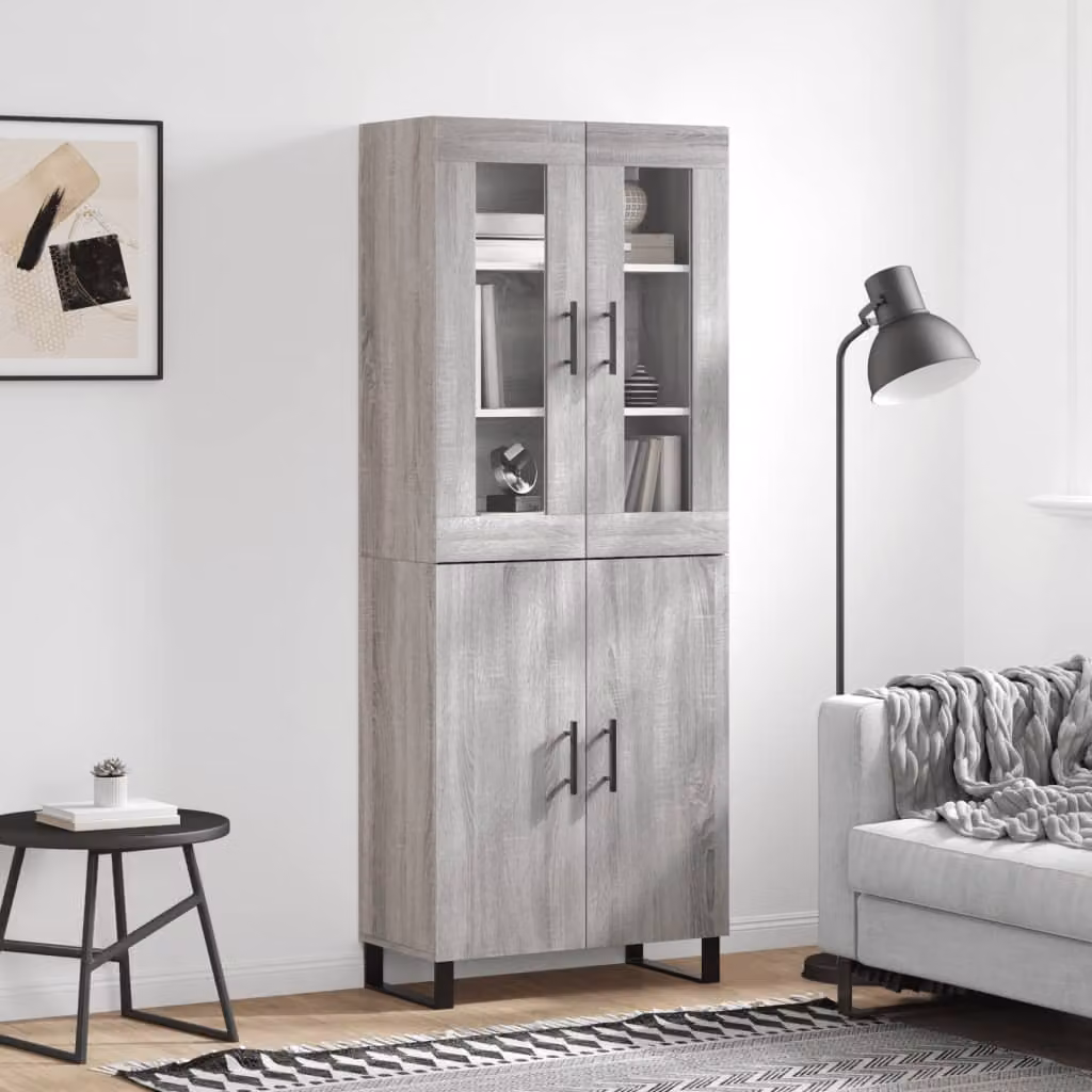 Credenza moderna vidaXL in legno multistrato e metallo, colore Grigio Sonoma, L: 69,5 cm, P: 34 cm, H: 180 cm