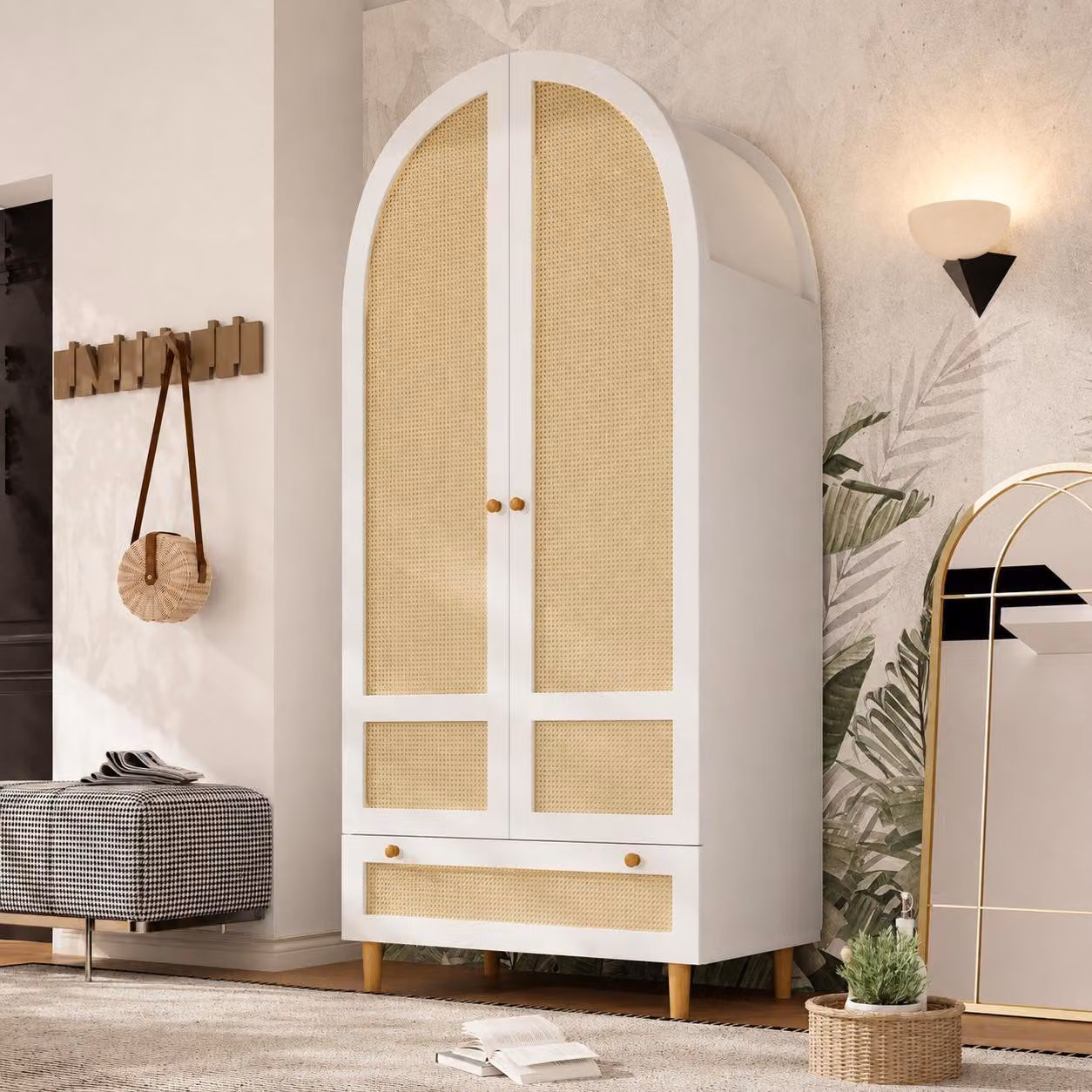 Armadio angolare in rattan con asta appendiabiti, armadio a 2 ante, mobile guardaroba con cassetto, 80x50x180 cm, bianco