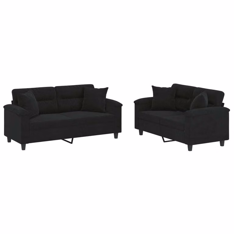 Set Divani 2 pz con Cuscini Nero in Tessuto Microfibra