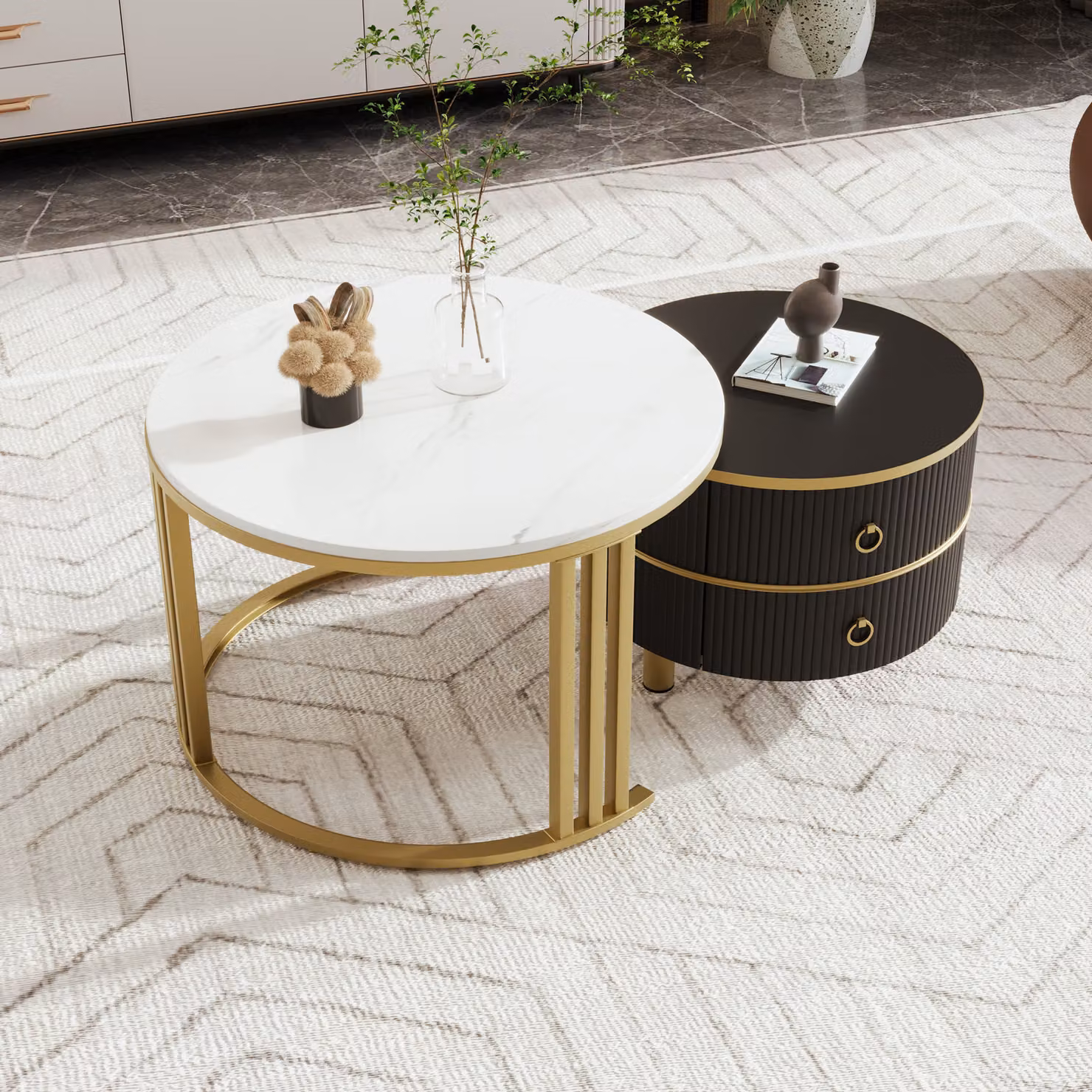 Okwish tavolino 2 in 1, tavolino rotondo in MDF con piano lucido e 1 piano in marmo bianco, tavolino combinato con 2 cassetti - bianco/nero