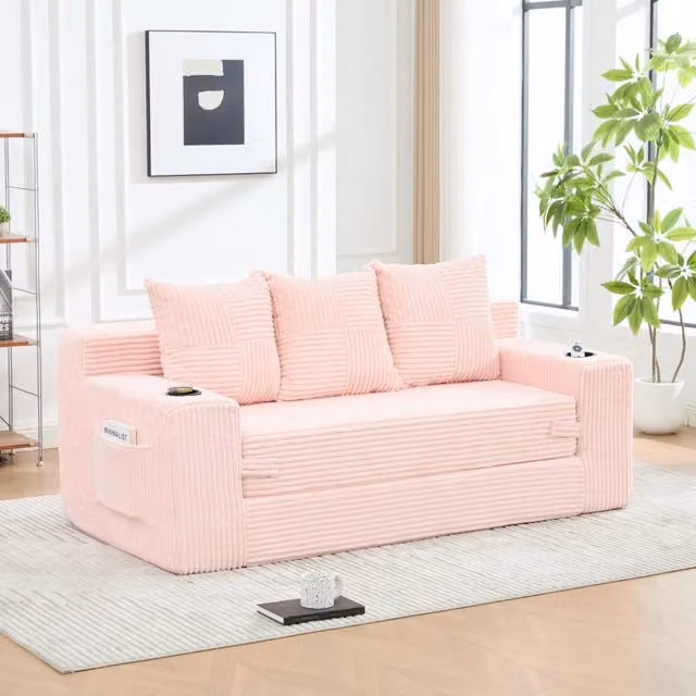 Divano modulare 172x87x64 cm trasformabile in due posti in velluto a coste rosa