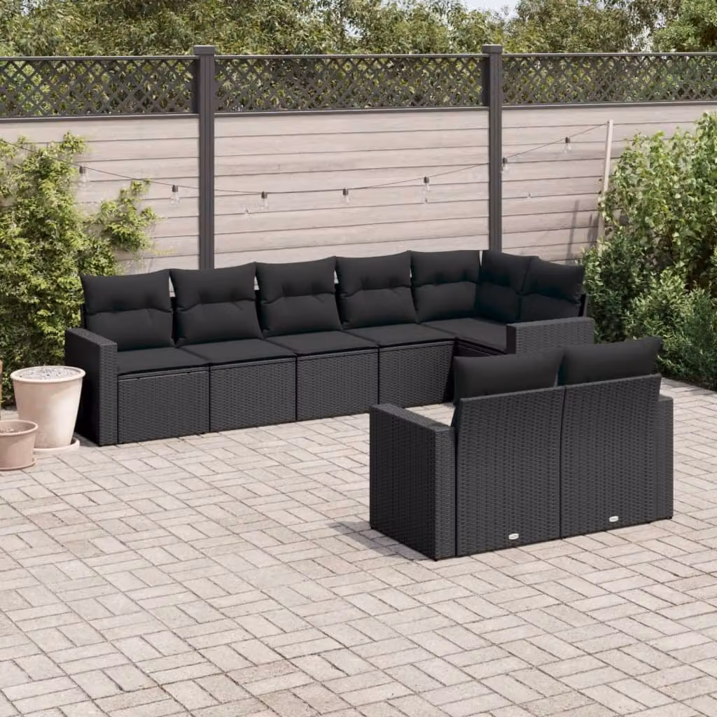 vidaXL Set Divani da Giardino a L con Cuscini 8 pz Nero in Polyrattan e Acciaio – 1