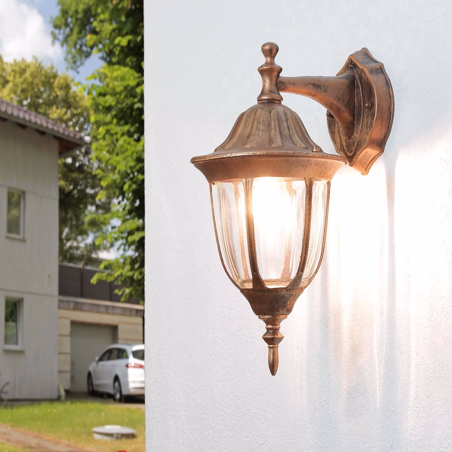 Luce esterna parete cortile casa IP44 rame E27 vetro alluminio parete rustica luce fuori